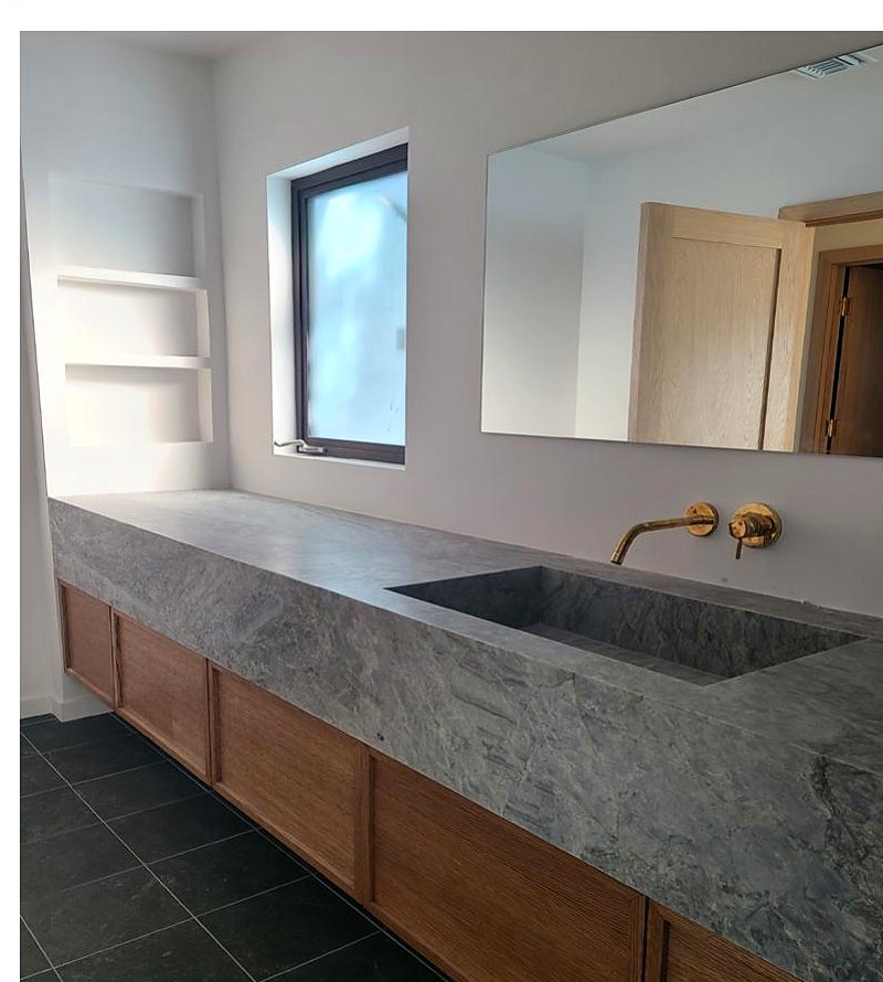 Custom stone vanity, The Linear House