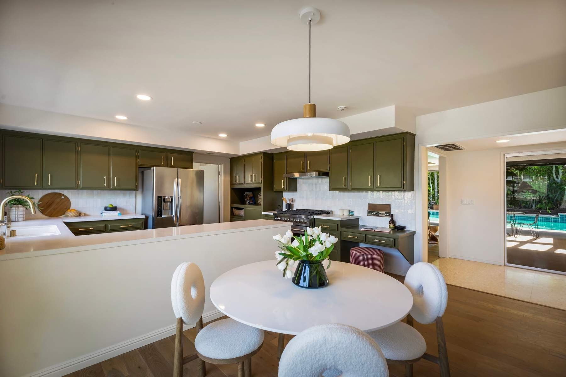 Formal dining room with mirrored walls