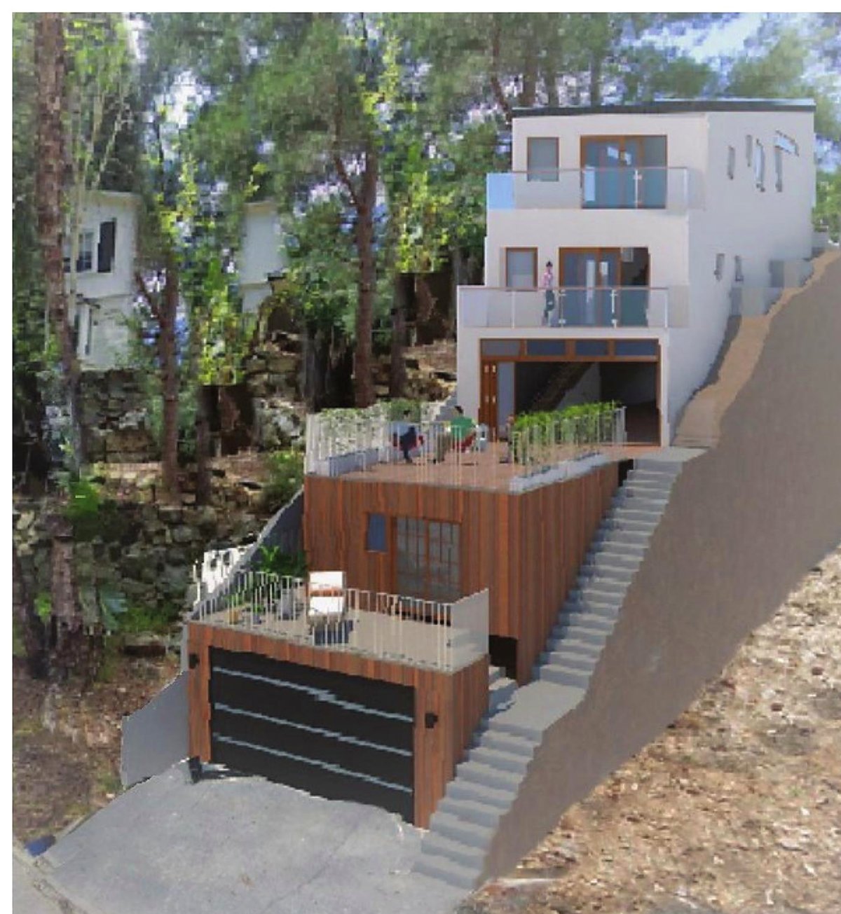 Exterior rendering of the multi-level hillside home